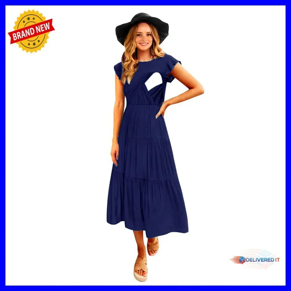 Flutter Sleeve Smocked Tiered Nursing Dress for Breastfeeding Maternity